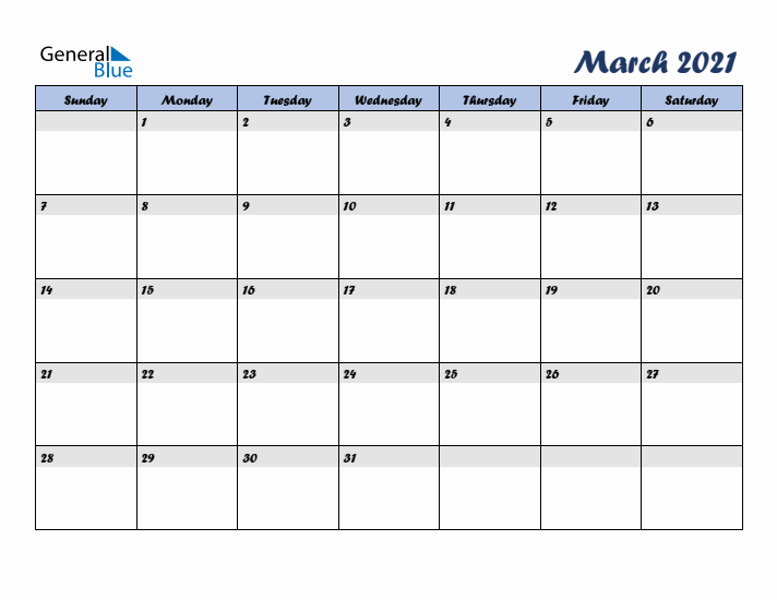 March 2021 Blue Calendar (Sunday Start)