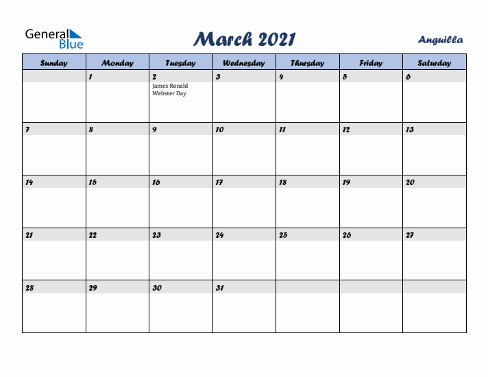 March 2021 Calendar with Holidays in Anguilla