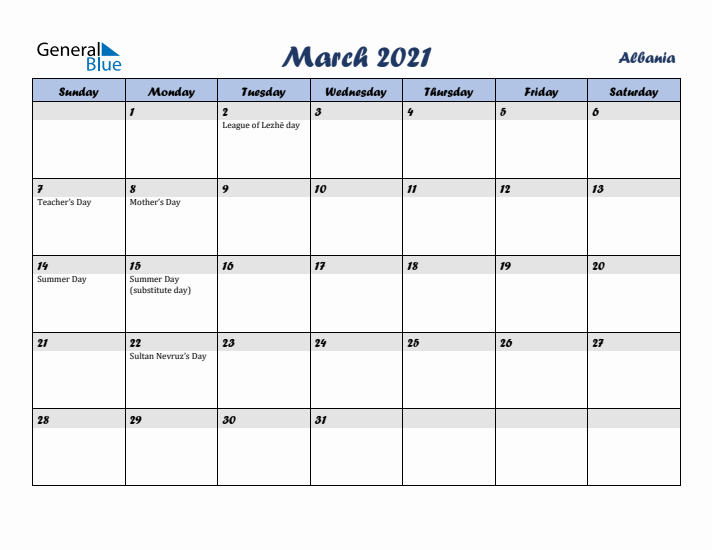 March 2021 Calendar with Holidays in Albania