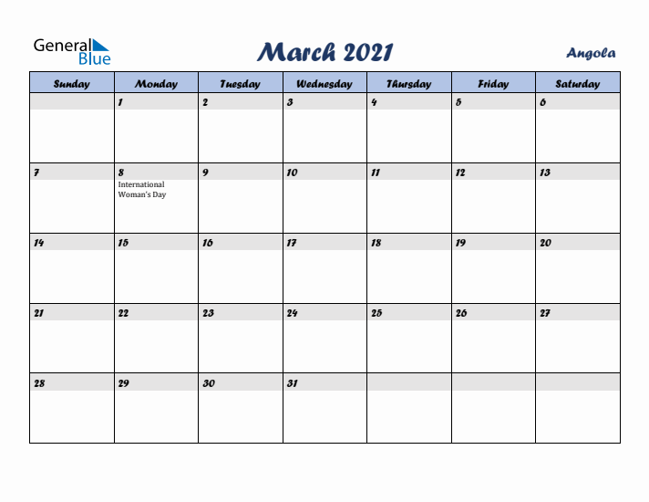 March 2021 Calendar with Holidays in Angola