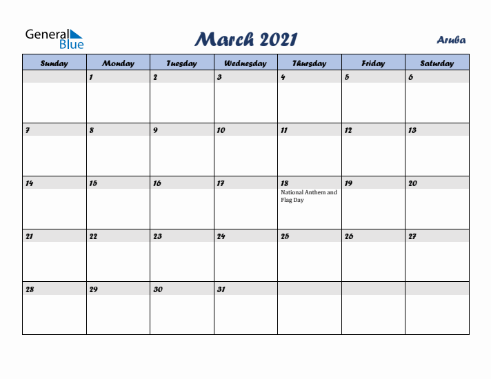 March 2021 Calendar with Holidays in Aruba