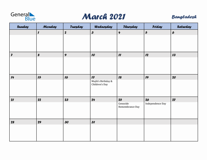 March 2021 Calendar with Holidays in Bangladesh