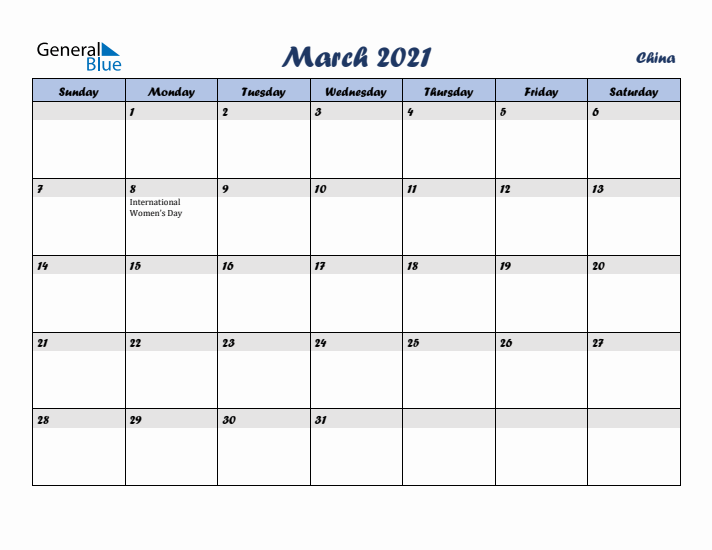 March 2021 Calendar with Holidays in China