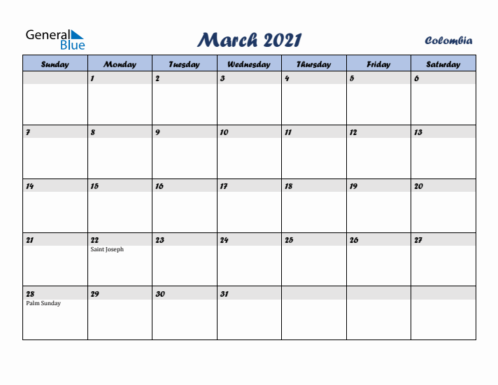 March 2021 Calendar with Holidays in Colombia