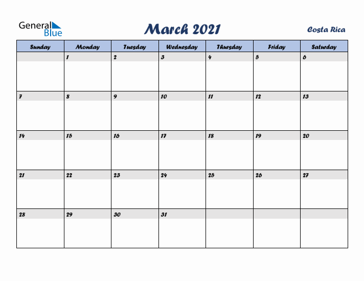 March 2021 Calendar with Holidays in Costa Rica