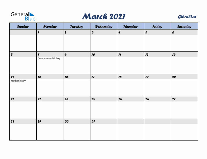 March 2021 Calendar with Holidays in Gibraltar