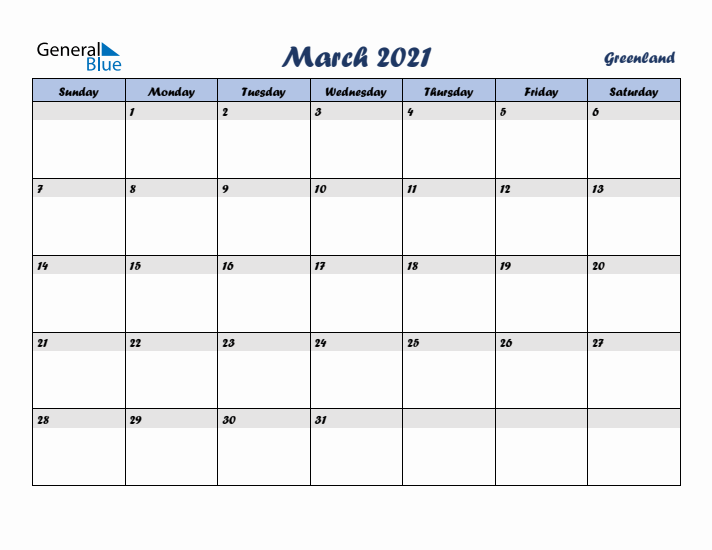 March 2021 Calendar with Holidays in Greenland