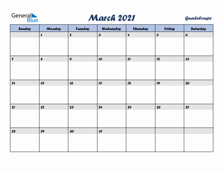 March 2021 Calendar with Holidays in Guadeloupe