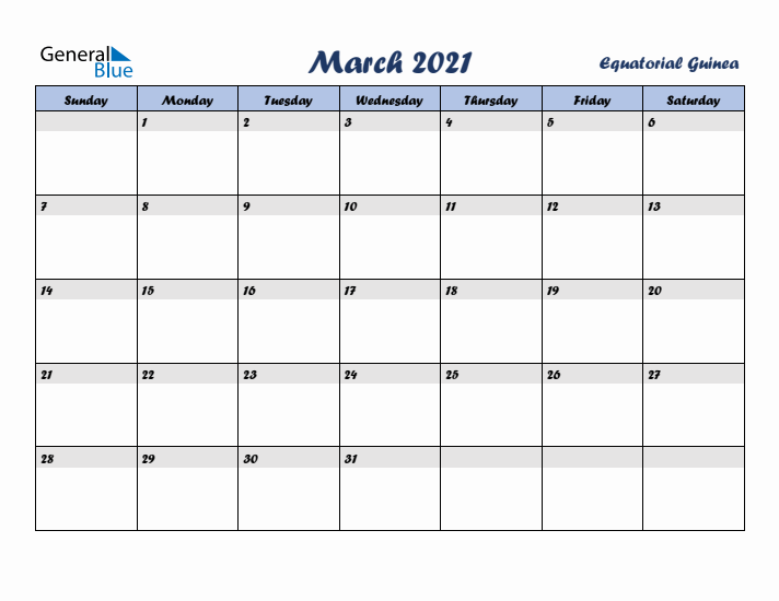 March 2021 Calendar with Holidays in Equatorial Guinea