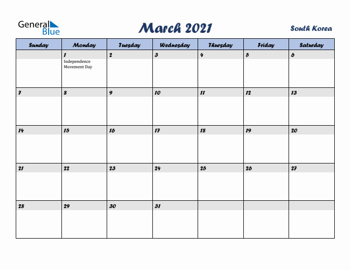 March 2021 Calendar with Holidays in South Korea