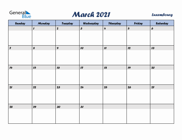 March 2021 Calendar with Holidays in Luxembourg