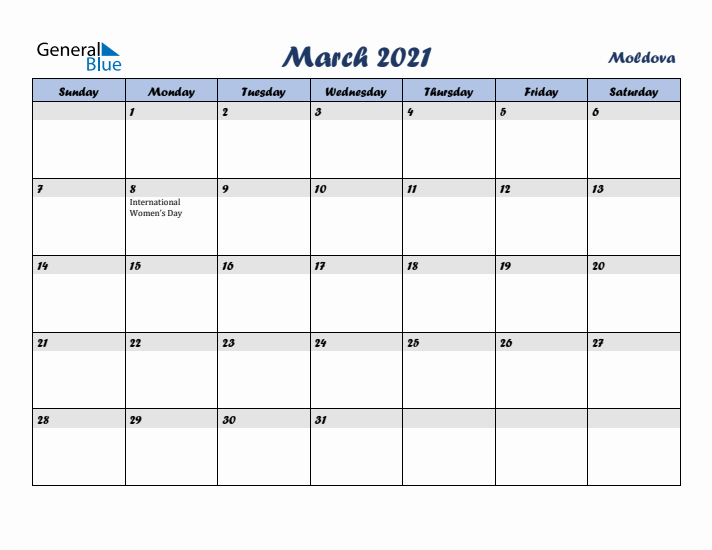 March 2021 Calendar with Holidays in Moldova