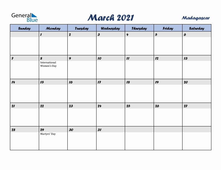 March 2021 Calendar with Holidays in Madagascar