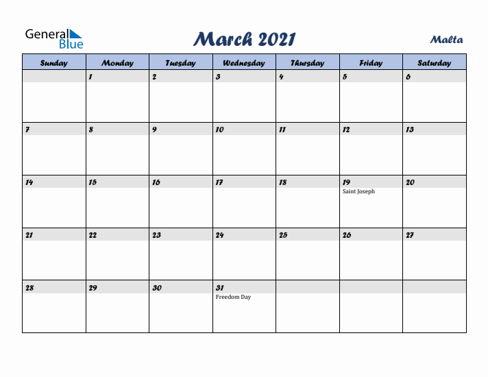 March 2021 Calendar with Holidays in Malta