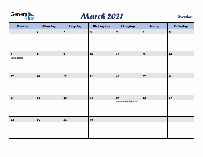 March 2021 Calendar with Holidays in Sweden