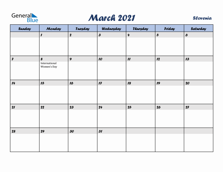 March 2021 Calendar with Holidays in Slovenia