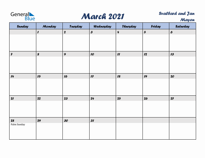 March 2021 Calendar with Holidays in Svalbard and Jan Mayen