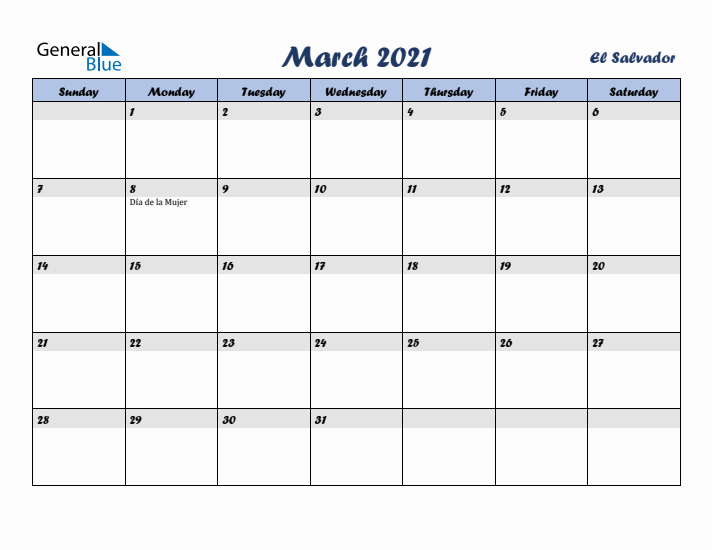 March 2021 Calendar with Holidays in El Salvador