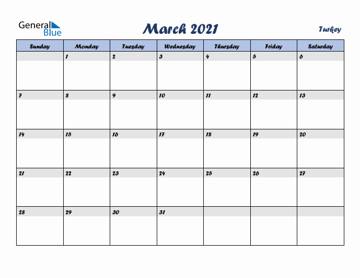 March 2021 Calendar with Holidays in Turkey