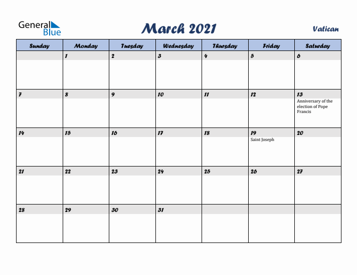 March 2021 Calendar with Holidays in Vatican