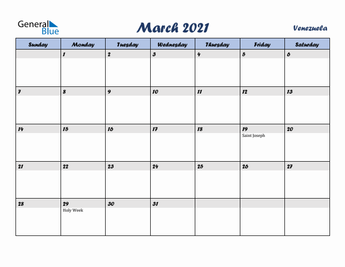 March 2021 Calendar with Holidays in Venezuela