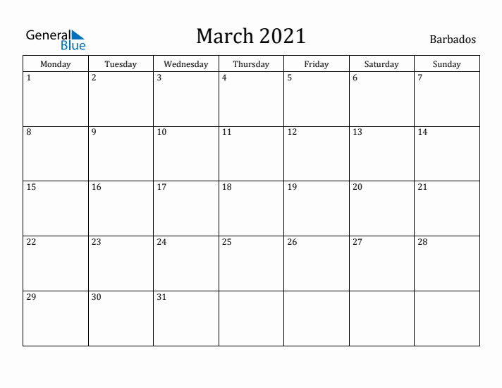 March 2021 Calendar Barbados