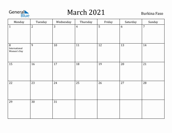 March 2021 Calendar Burkina Faso