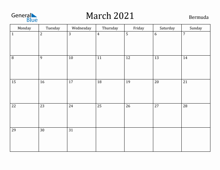 March 2021 Calendar Bermuda