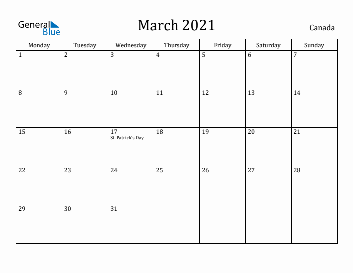 March 2021 Calendar Canada