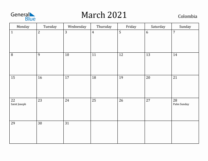 March 2021 Calendar Colombia