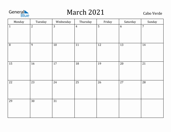 March 2021 Calendar Cabo Verde