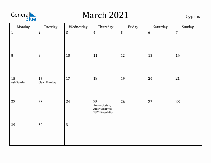 March 2021 Calendar Cyprus