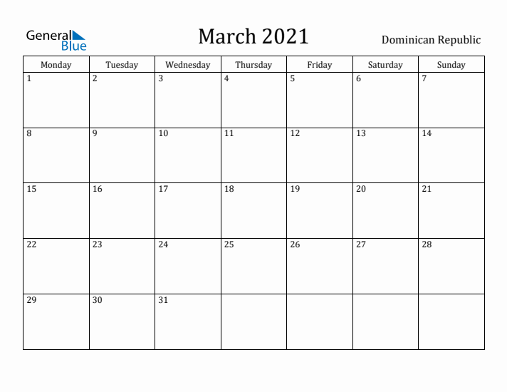 March 2021 Calendar Dominican Republic