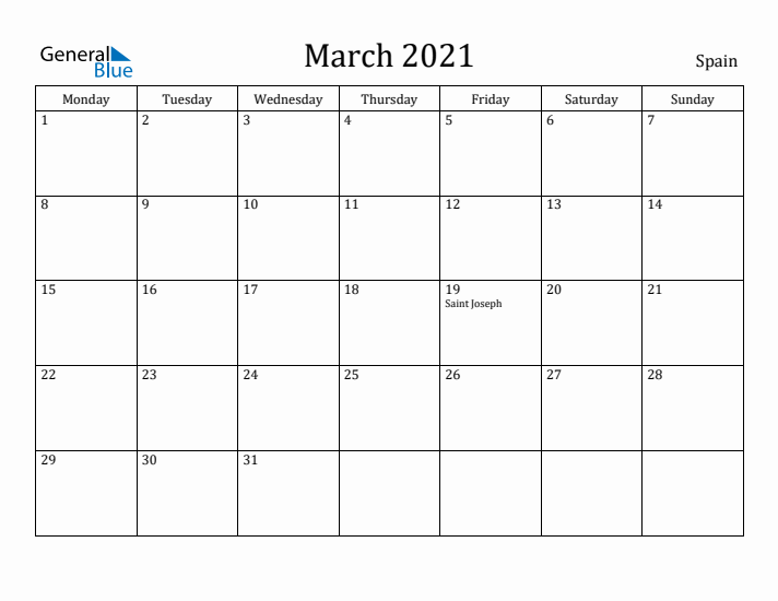 March 2021 Calendar Spain