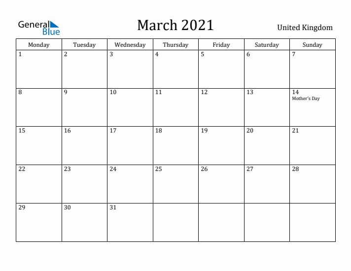 March 2021 Calendar United Kingdom