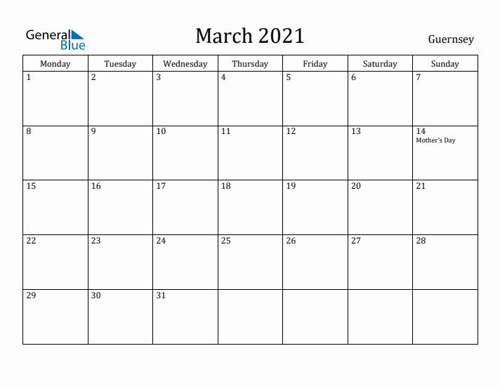 March 2021 Calendar Guernsey