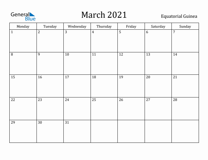 March 2021 Calendar Equatorial Guinea