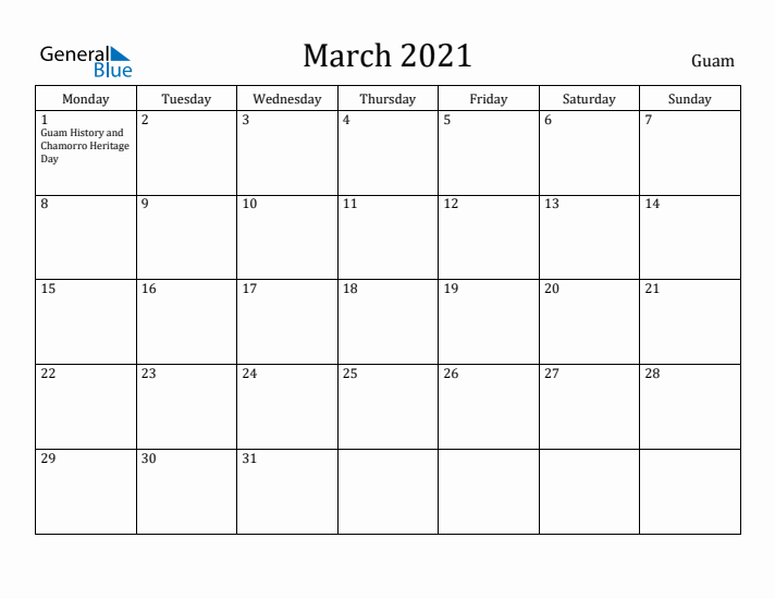 March 2021 Calendar Guam