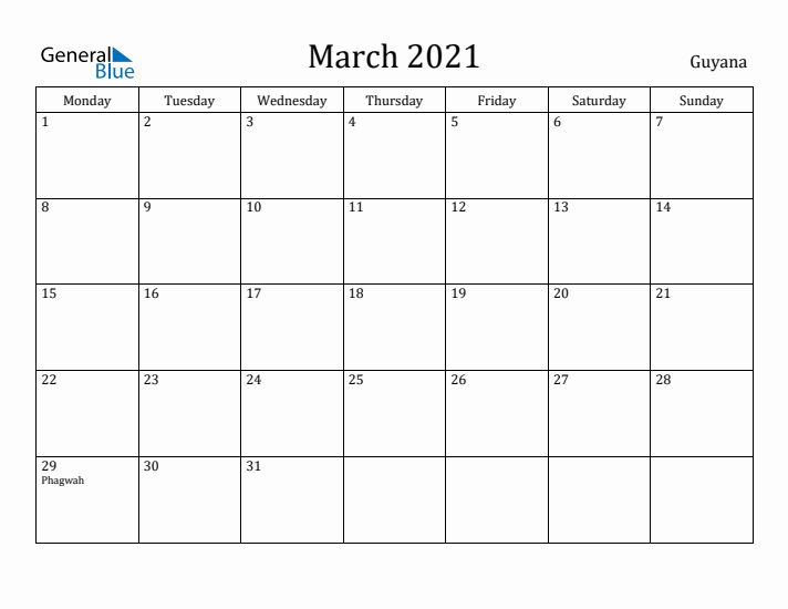 March 2021 Calendar Guyana