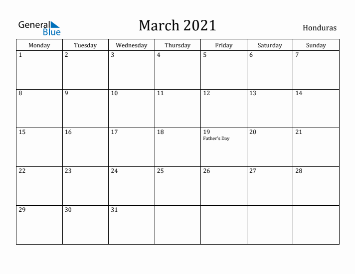 March 2021 Calendar Honduras