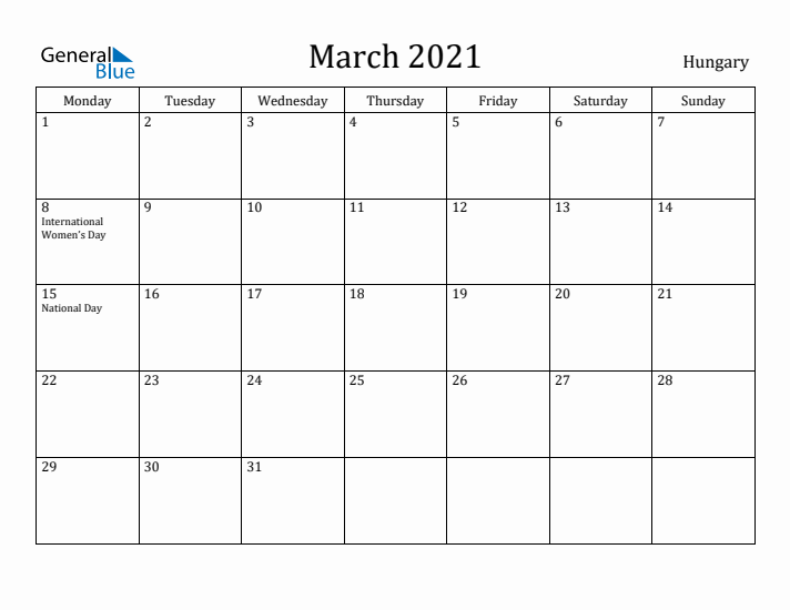 March 2021 Calendar Hungary