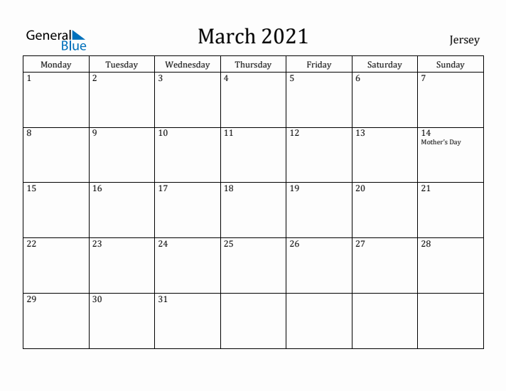 March 2021 Calendar Jersey