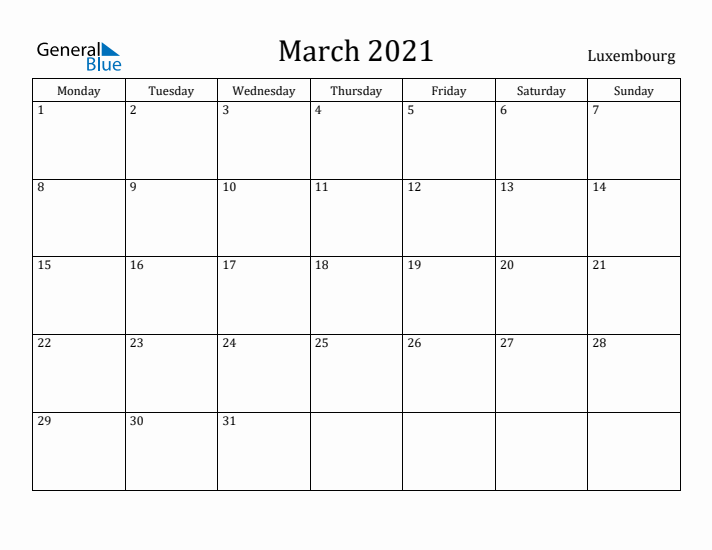 March 2021 Calendar Luxembourg