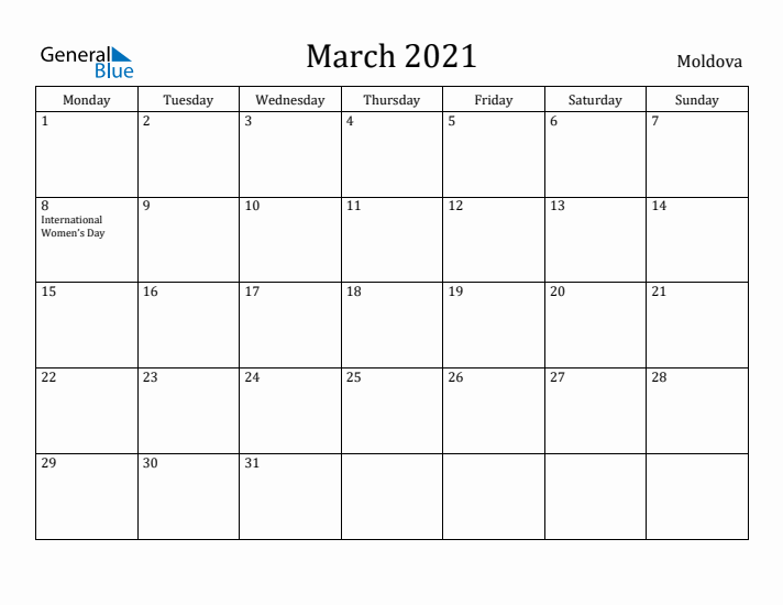 March 2021 Calendar Moldova