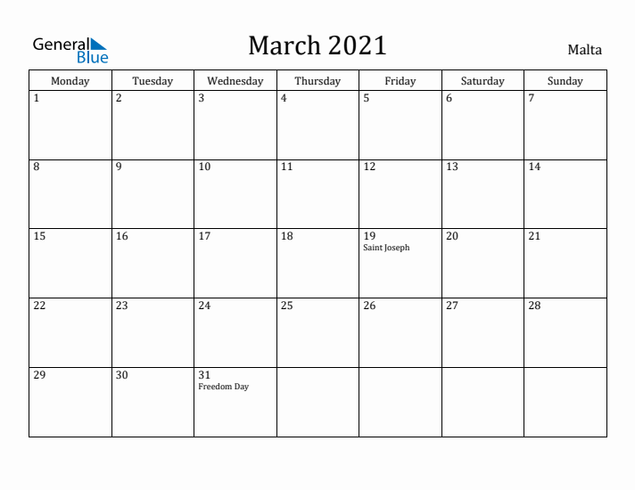 March 2021 Calendar Malta