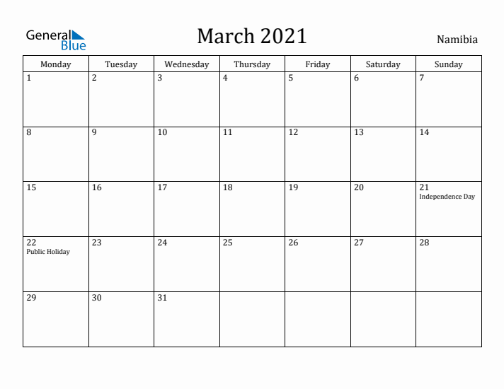 March 2021 Calendar Namibia