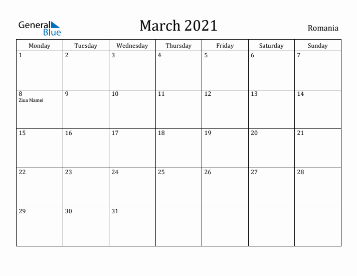 March 2021 Calendar Romania