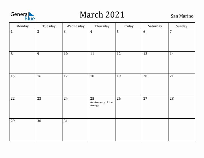 March 2021 Calendar San Marino