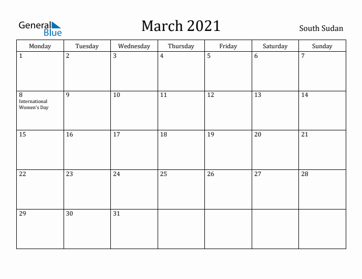 March 2021 Calendar South Sudan