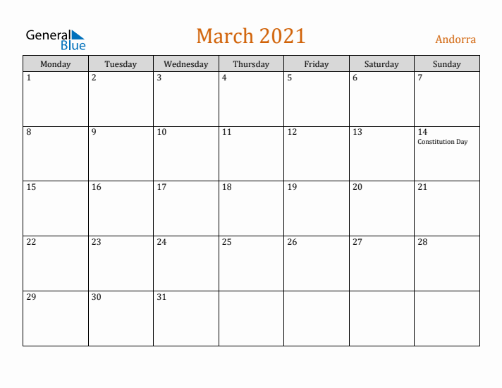 March 2021 Holiday Calendar with Monday Start